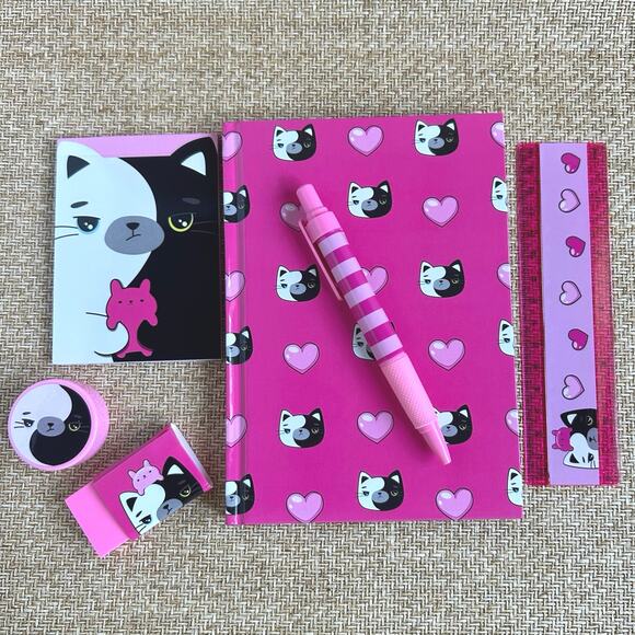 Kawaii Cat Stationery Set Notebook Pen Ruler Eraser Sharpener New - Picture 1 of 3